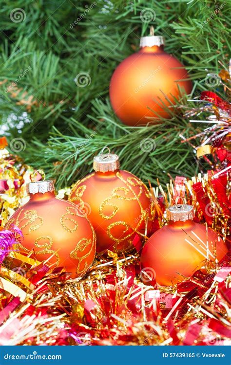 Orange Christmas Balls Red Tinsel On Xmas Tree 1 Stock Image Image