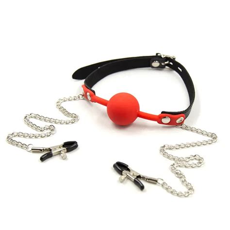 Soft Silica Gel Port Plug Sex Products Ball Gagger Mouth Bite Toy With Nipple Clips In Sex Dolls