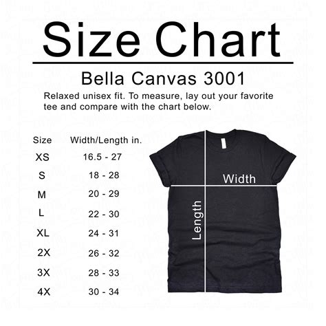 Bella Canvas 3001 Size Chart 3001 Mockup Unisex Size Chart Etsy