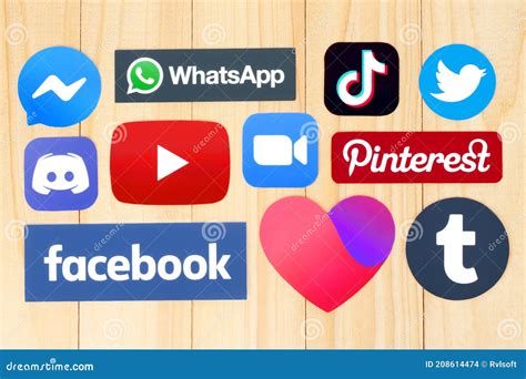 Collection Of Popular Social Media Logos On Wooden Background Editorial