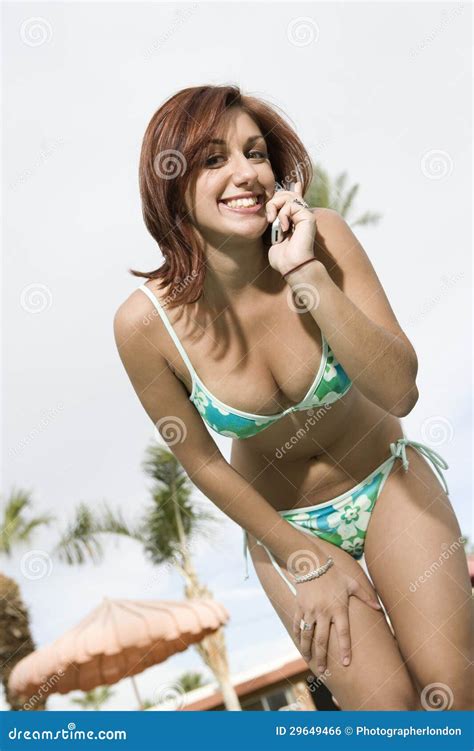 Woman In Bikini Using Cell Phone Stock Photo Image Of Angle Swimsuit