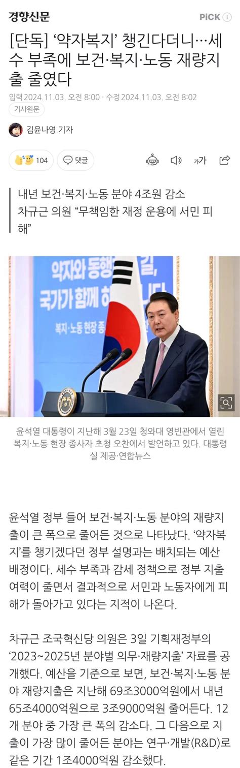 단독 약자복지 챙긴다더니···세수 부족에 보건·복지·노동 재량지출 줄였다 인스티즈instiz 이슈 카테고리