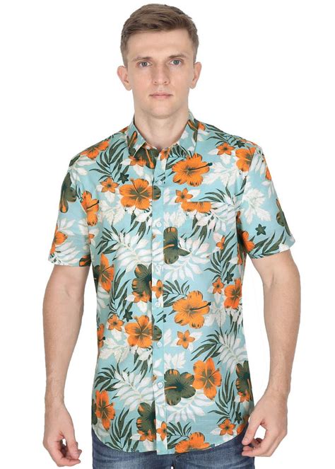 Get Orange Floral Printed Blue Half Sleeves Shirt At Lbb Shop