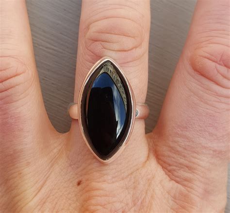 Zilveren Ring Gezet Met Marquise Zwarte Onyx Zilveren Edelsteen Ringen