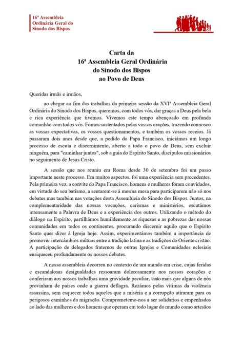 Carta Da Assembleia Geral Ordin Ria Do S Nodo Dos Bispos Ao Povo De