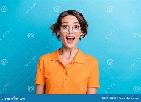 Photo Of Shocked Excited Lady Wear Orange T Shirt Spectacles Open Mouth