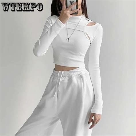 Cheap Wtempo Hollow Out Knitted Cropped Tops Women Fitness Fake Two