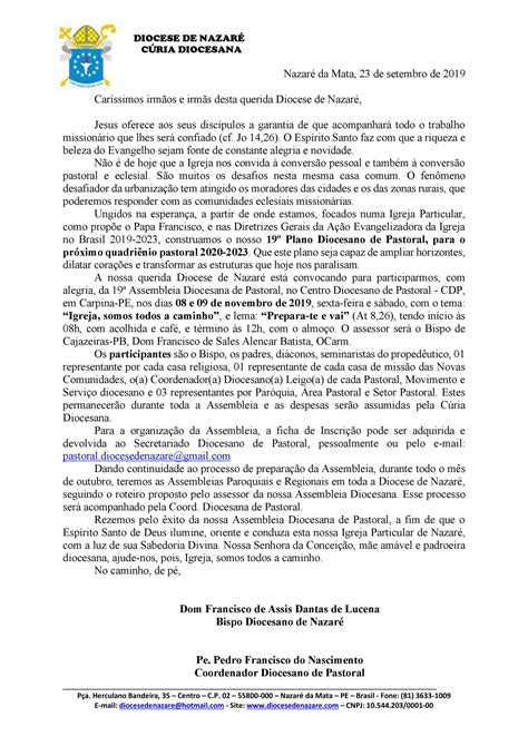 Carta de convocação Assembleia Diocesana de Pastoral 2019 Diocese de