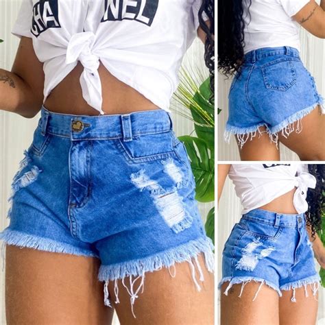 Short Jeans Feminino Cintura Alta Rasgado Z Per Modelo Blogueirinha