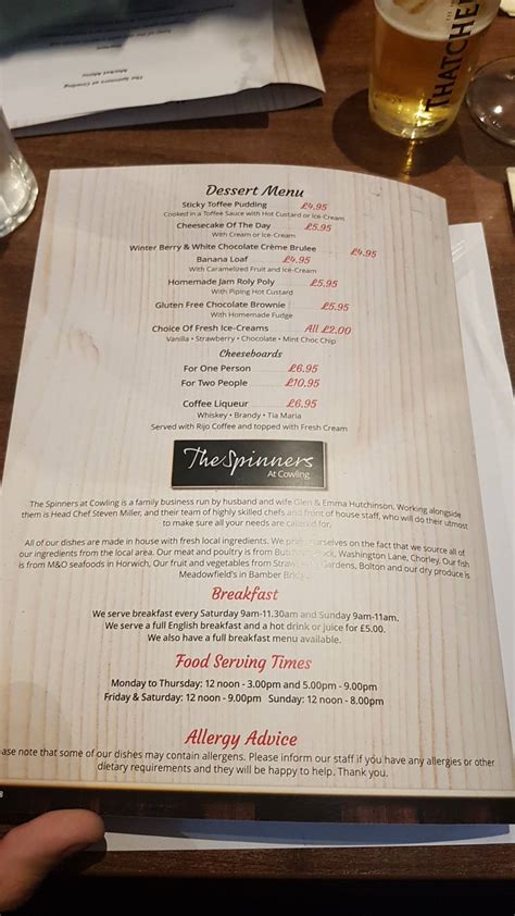 Menu At Spinners Arms Pub Bar Chorley Cowling Rd