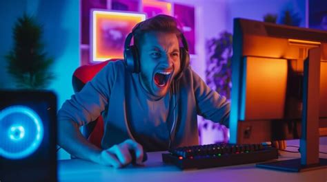 Premium Photo Excited Screaming Gamer With Headphones