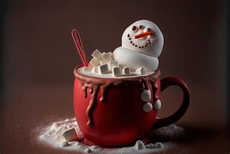 Premium AI Image Red Mug Of Hot Chocolate With A Snowman Made Of