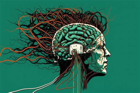 Abstract Art Of Brain In Form Of Human Head With Cable Connection Stock