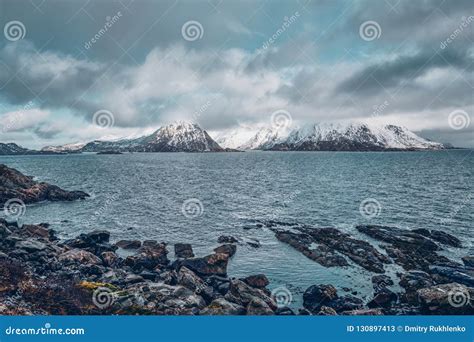 Norwegischer Fjord Und Berge Im Winter Lofoten Inseln Norwegen