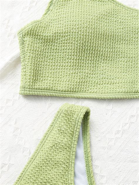 One Shoulder Bikini Textured Swimwear High Cut Swimsuit Solid Bathing Suit Women Brazilian Tk