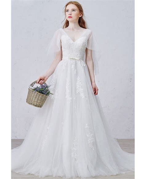 Graceful A Line V Neck Sweep Train Tulle Wedding Dress With Appliques