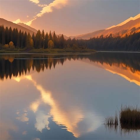 Premium AI Image | a lake with sunset in the background