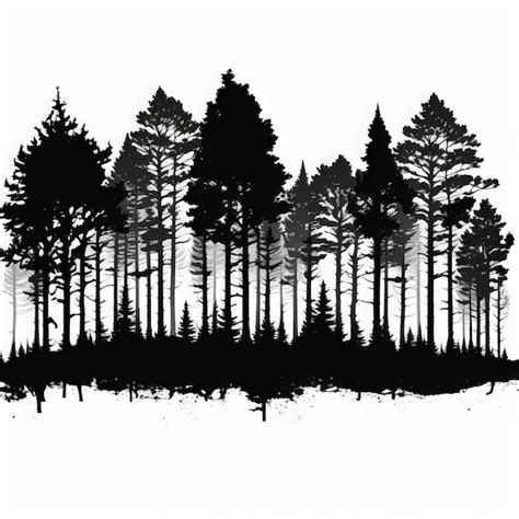 Una ilustración en blanco y negro de un bosque con árboles en primer