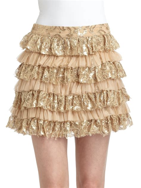 Alice + Olivia Tiered Lace Ruffle Skirt in Gold | Lyst