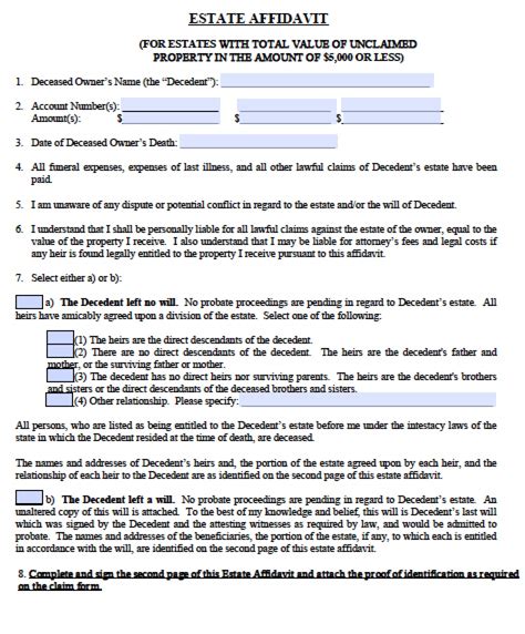 Free Florida Small Estate Affidavit Form PDF Word