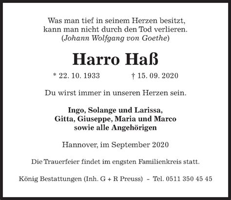 Traueranzeigen Von Harro Ha Trauer Anzeigen De