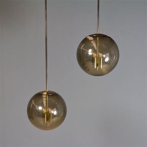 Set Of Large Amber Smoked Glass Hand Blown Brass Pendant Lights By