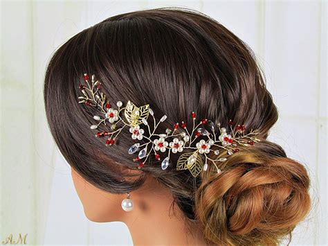 Red Wedding Headpiece Red And Gold Wedding Hair Accessories Gold Bridal