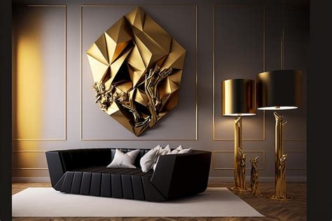 Premium AI Image | A living room with a gold wall art that has a large ...