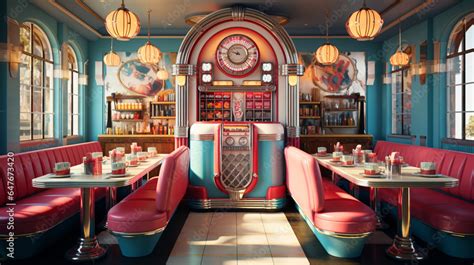 Retro vintage diner restaurant, interior design, stylish old fashioned ...