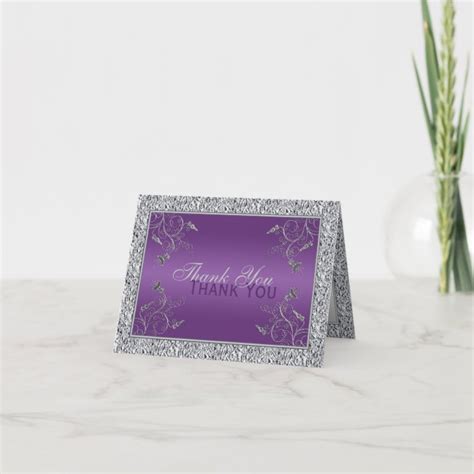 Purple And Faux Silver Foil Floral Thank You Card Zazzle