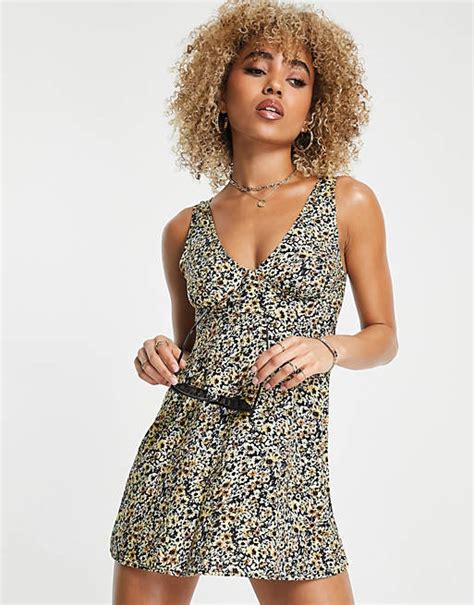 Motel V Neck Mini Tea Dress In Grunge Yellow Floral Asos