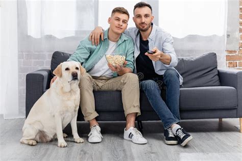 Cheerful Same Sex Couple Watching Movie Stock Image Image Of Bowl Handsome