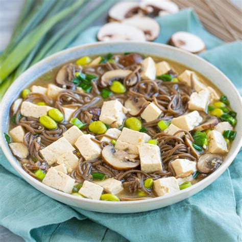 Mealime Soba Noodle Soup With Tofu Edamame Mushroom Green Onion