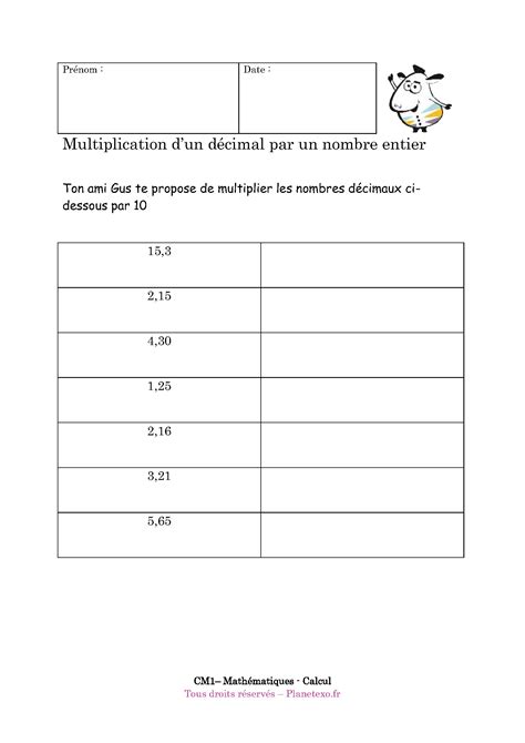 Exercice corrigé pour le CM1 Multiplication dun décimal par un