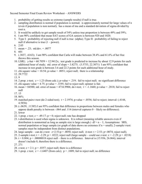 Second Semester Final Exam Review Worksheet Answers