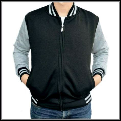 Jual Jaket Varsity Baseball Pria Resleting Polos Hitam Lengan Abu Di