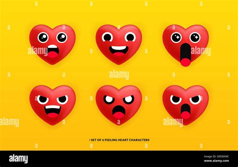 Collection Of Six Cute Heart Characters In Different Feeling Stock