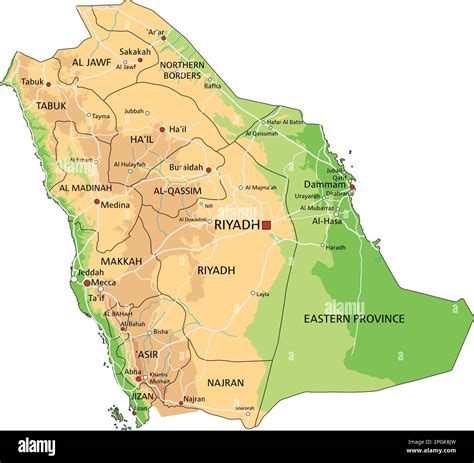 High detailed Saudi Arabia physical map with labeling Stock Vector ...