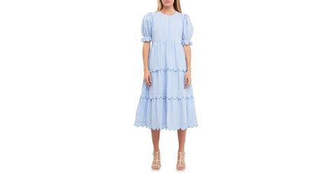 English Factory Stripe Scallop Edge Tiered Midi Dress In Blue Lyst