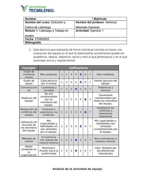 Ejercicio 1 Dirección y Estilos de Liderazgo Nombre Matrícula