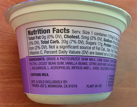 Trader Joes Nutrition Labels Trader Joes Greek Yogurt Nonfat Vanilla Bean