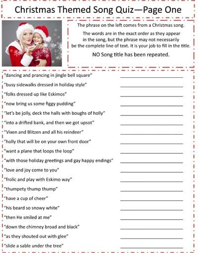 Christmas Themed Song Quiz Game Sheet