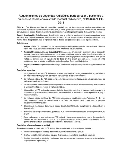 Resumen Nom Nucl Requerimientos De Seguridad Radiol Gica