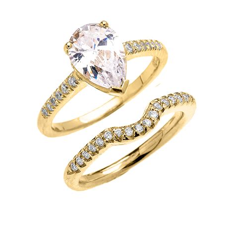 Yellow Gold Dainty Pear Shape Cubic Zirconia Solitaire Wedding Ring Set