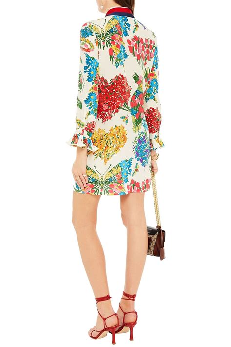 Gucci Pussy Bow Floral Print Silk Crepe De Chine Mini Dress Sale Up