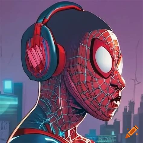 Miles Morales Wearing Spider Man Costume And Listening To Music While