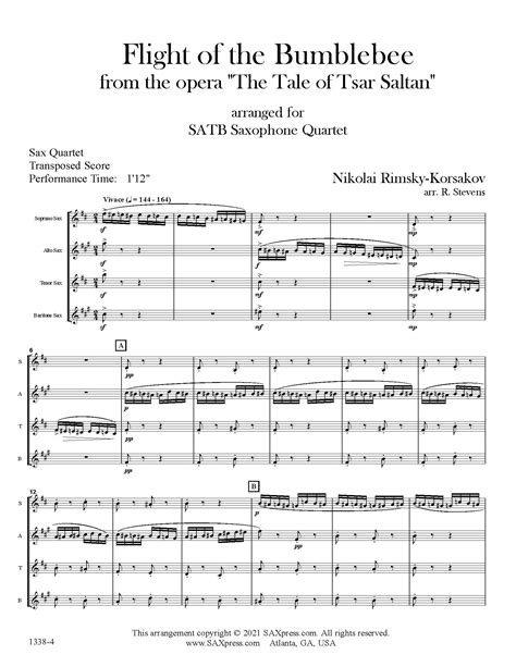 Flight of the Bumblebee by Rimsky-Korsakov, for Sax Quartet SATB