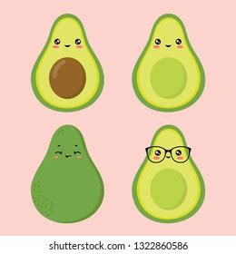 Set Kawaii Cute Avocados Characters Glasses Stock Vector Royalty Free