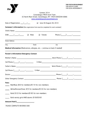 Fillable Online Canandaigua Ymca Swim Team Summer Registration Form