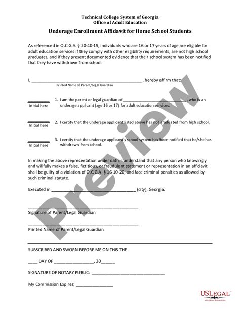 Georgia Underage Enrollment Affidavit For Home School Students Us